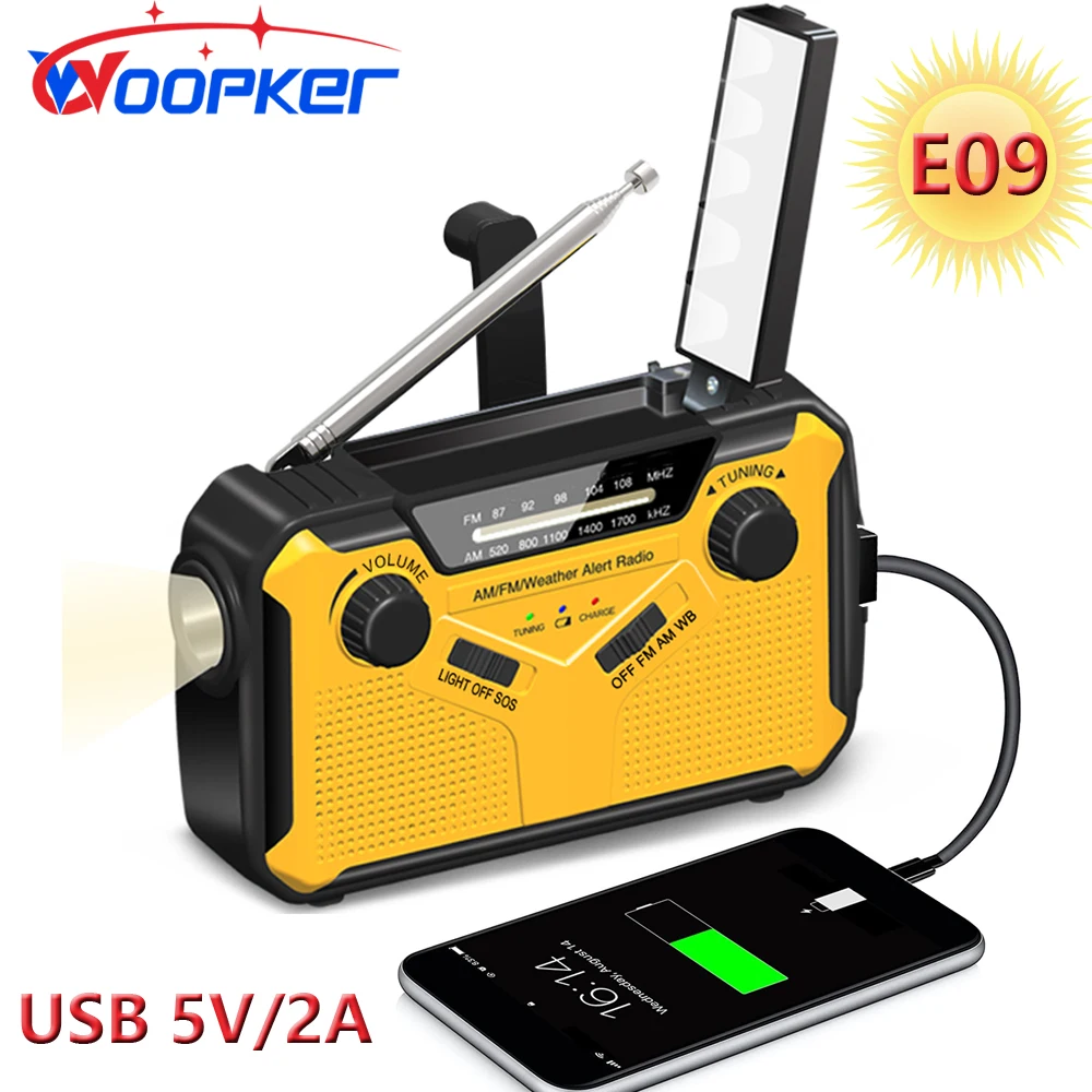 Woopker Radios E09 Emergency AM/ FM Radio Solar Hand Crank USB 5V/2A Rechargeable Torch Reading Lamp SOS Alarm Power