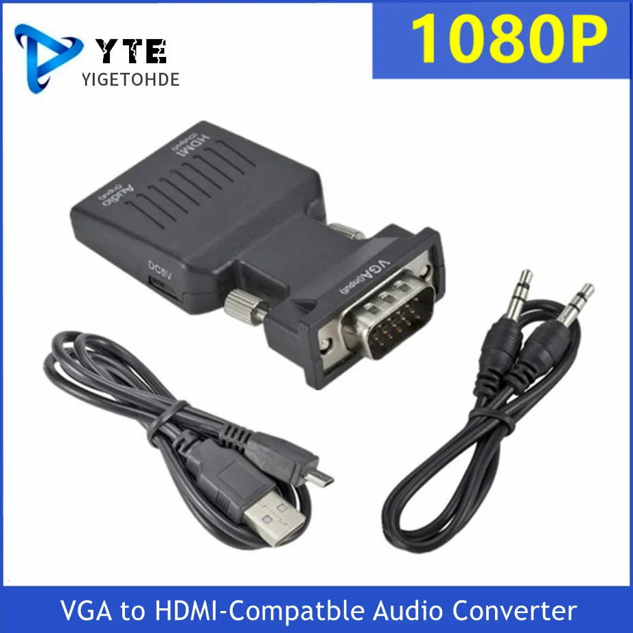 Совместимый преобразователь YIGETOHDE 1080P VGA в HDMI, совместим с адаптером VGA с аудио мощностью для проектора ПК PS3