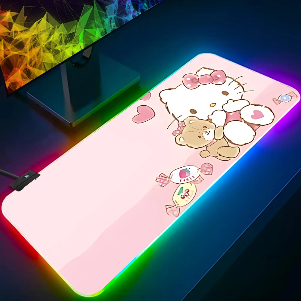 Imagem -05 - Cute Anime Keyboard Mouse Pad Olá Kitty Rgb pc Gamer Mousepad Led Glowing Mouse Mats Rubber Gaming Computer Mausepad