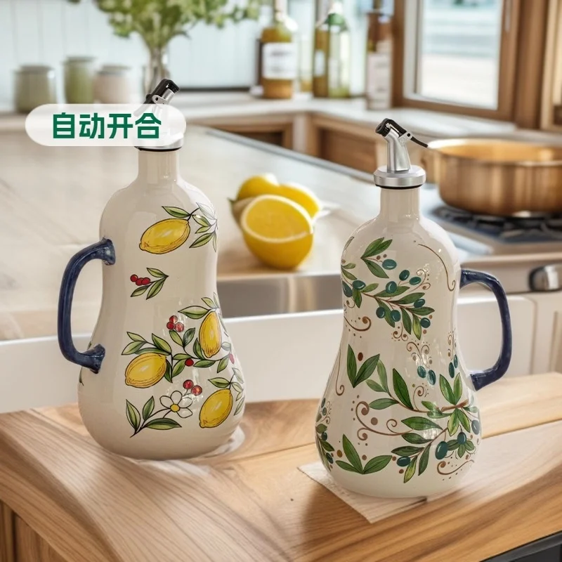 Hand Painted Ceramic Oil Vinegar Bottle Lemon Olive Pattern Leak Proof No Drip With Handle Kitchen Olive Oil Soy Sauce Dispenser view 5