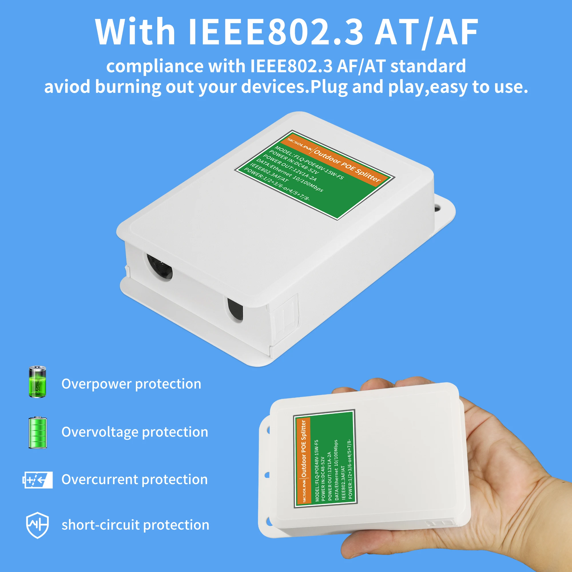 Impermeável POE Splitter Fonte de Alimentação, Alimentação Suporte IEEE802.3, Af, 10-100 Mbps, 48-52V Entrada para DC 12V, 1-2-2A Saída, RJ45 para DC, 5.5mm x 2.1mm