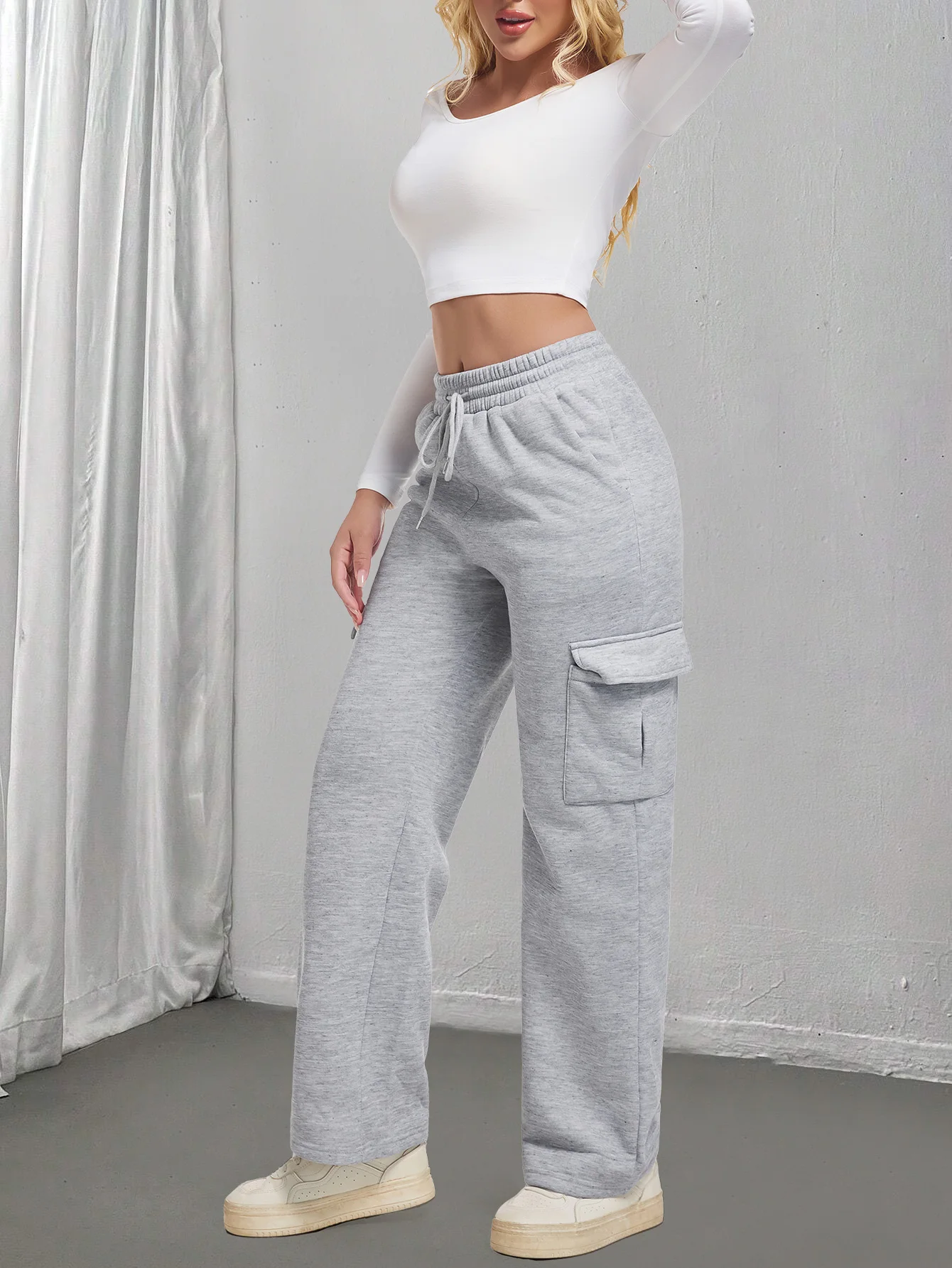 Women Drawstring Elastic Waist Cargo Wide Leg Sweatpants, Casual Multi Pocket Loose Straight Trousers