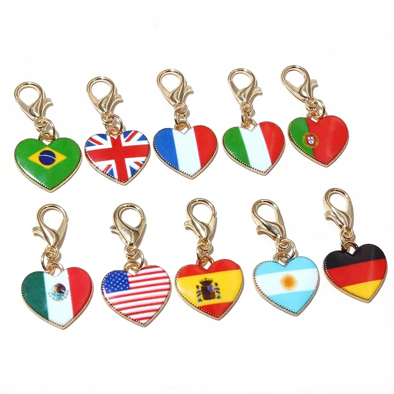 10pcs with Lobster Clasp Enamel National Flags of Countries Heart Charms Pendant  DIY Jewelry Accessories for Keychain Bracelet