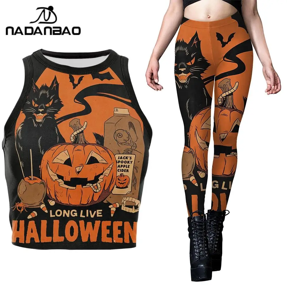 

Nadanbao Women Halloween Leggings Set Orange Pumpkin Gothic Crop Top Black Cat Graphic Pants Gothic Y2K Streetwear Party Clothes