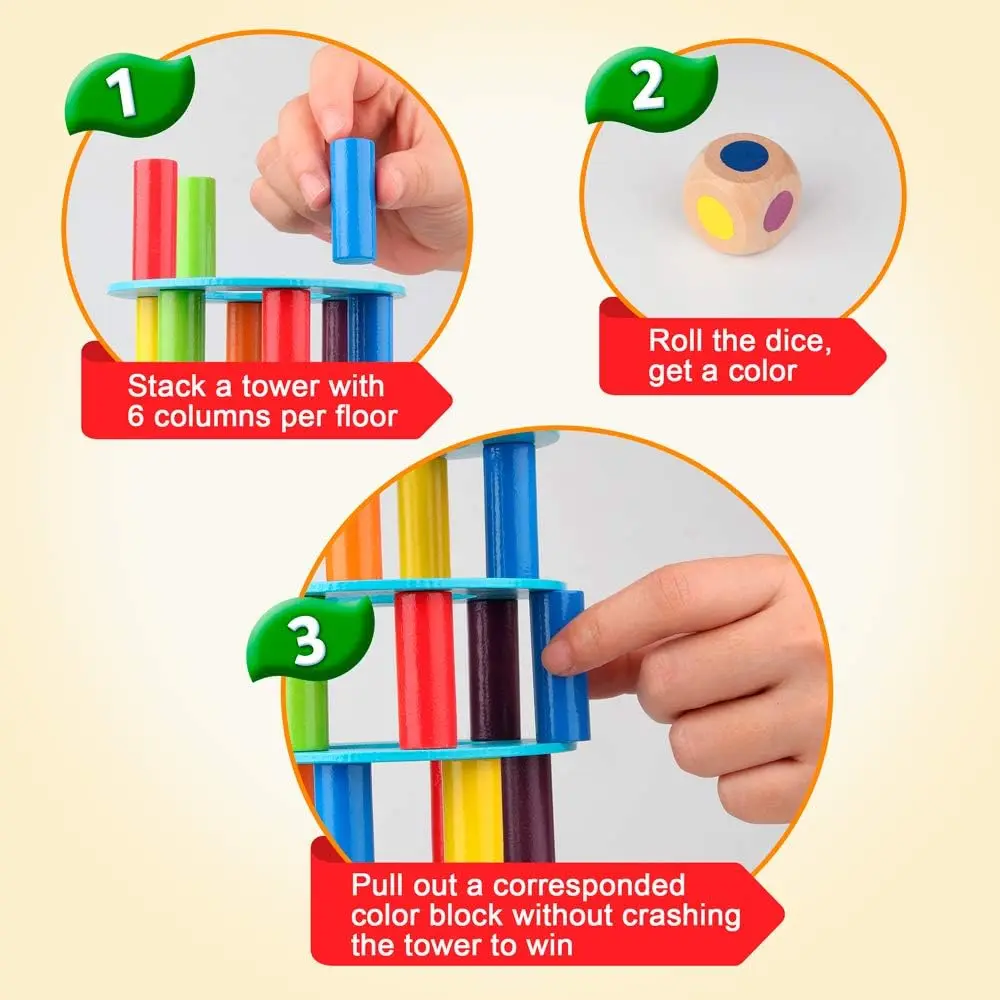 木製タワースタッキングゲーム、微細運動スキルモンテッソーリビルディングブロック、サイコロ付き、傾斜塔おもちゃパーティー、ファミリーゲーム