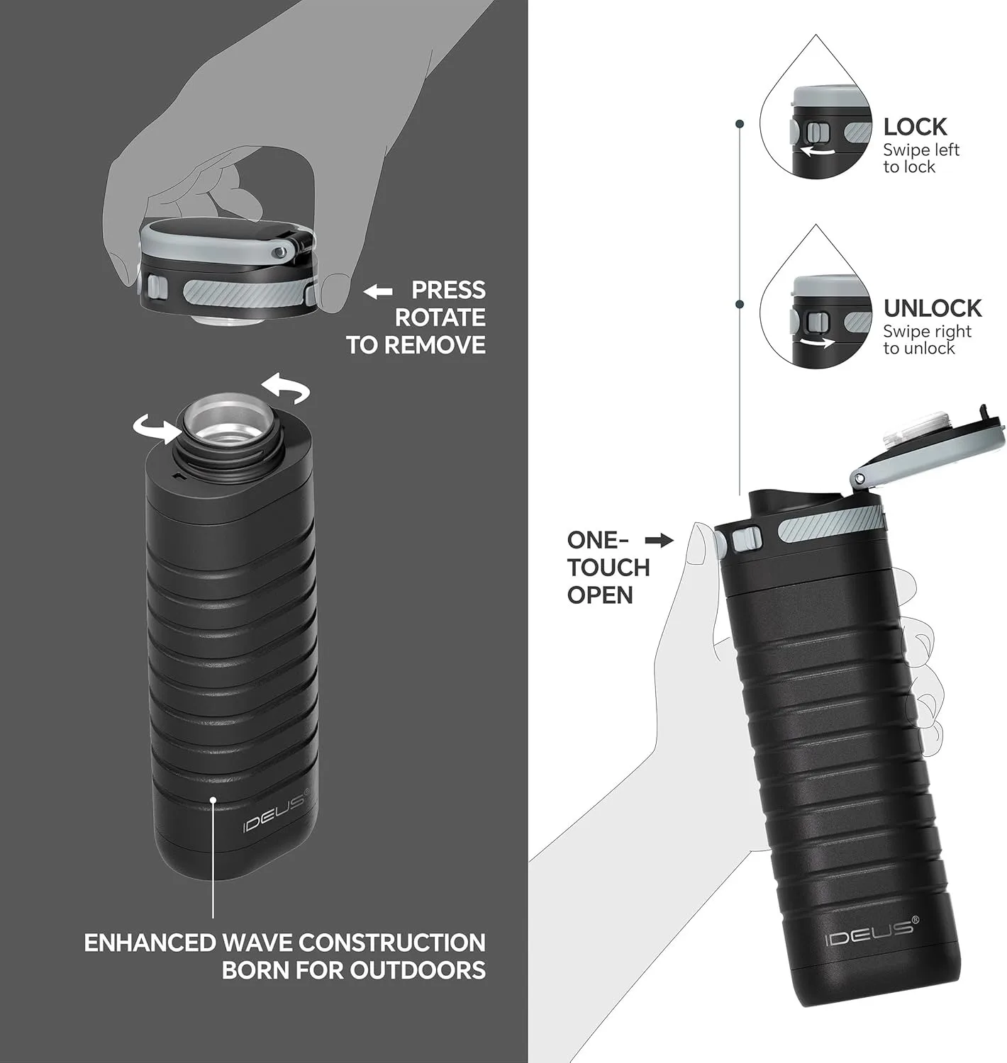 Бутылка для воды ideus из нержавеющей стали 390 мл, изолированная чашка, запираемая, герметичная, подходит для путешествий и активного отдыха.
