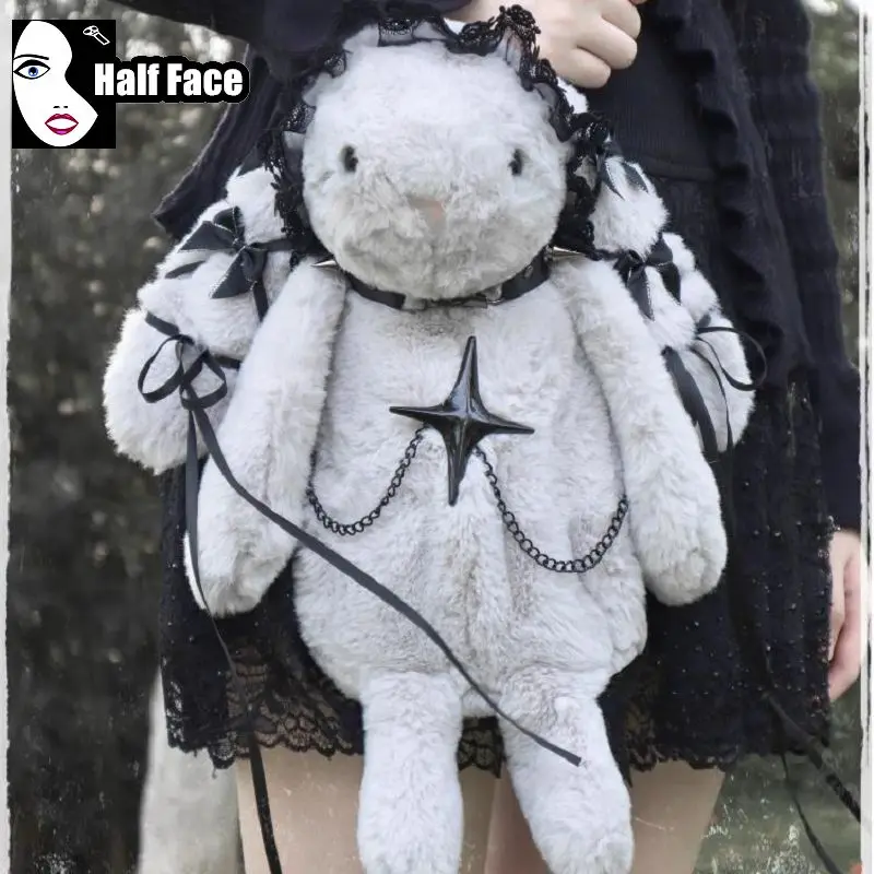 Y2K Girl Harajuku Gothic Women Punk One Shoulder Lolita Heartbeat Little Rabbit Sweet Cool Furry Chain Plush Crossbody Bags Tote