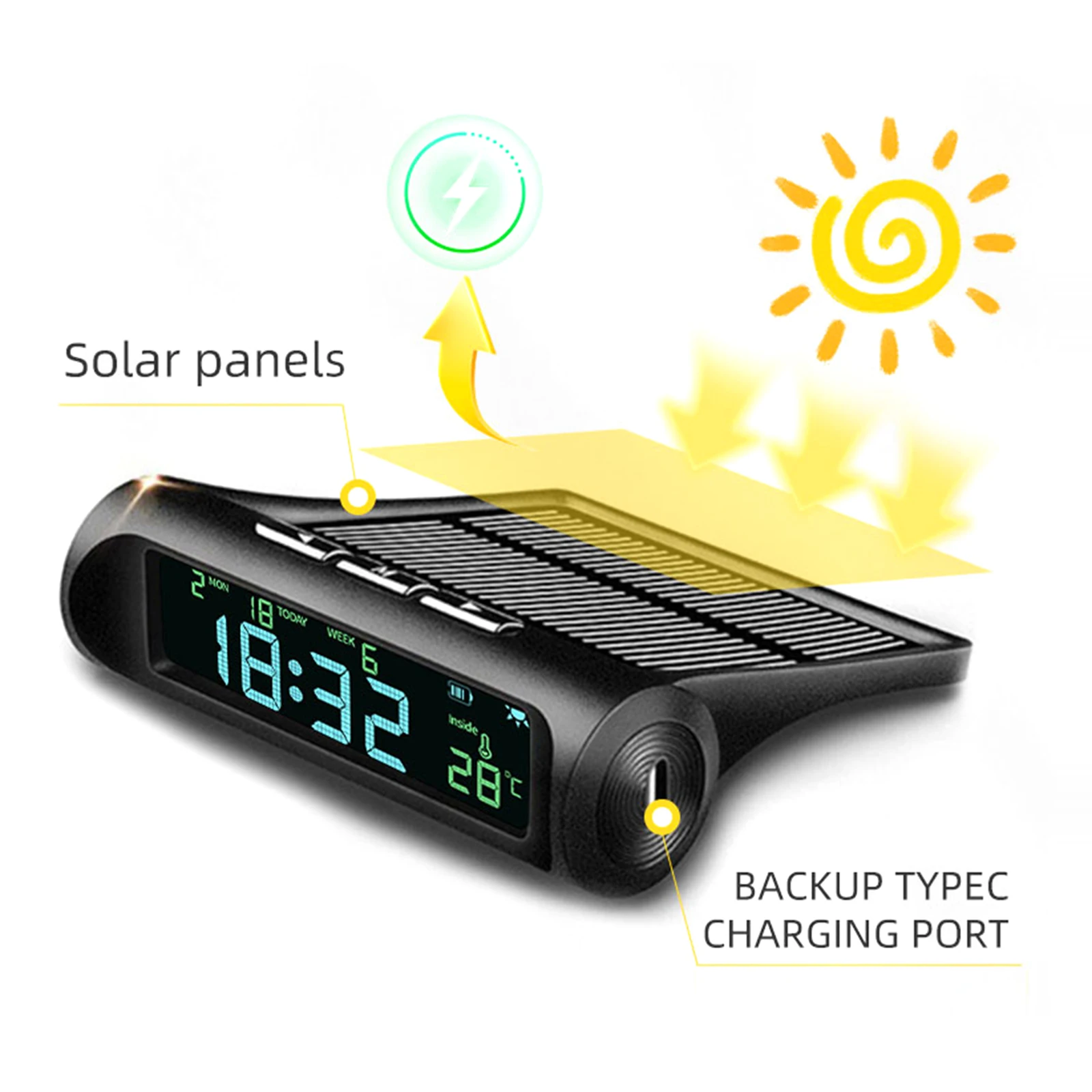 

Solar/USB Car Dashboard Digital Clock with Time/Date/Temperature Display for Truck Office Home and Outdoor Camping