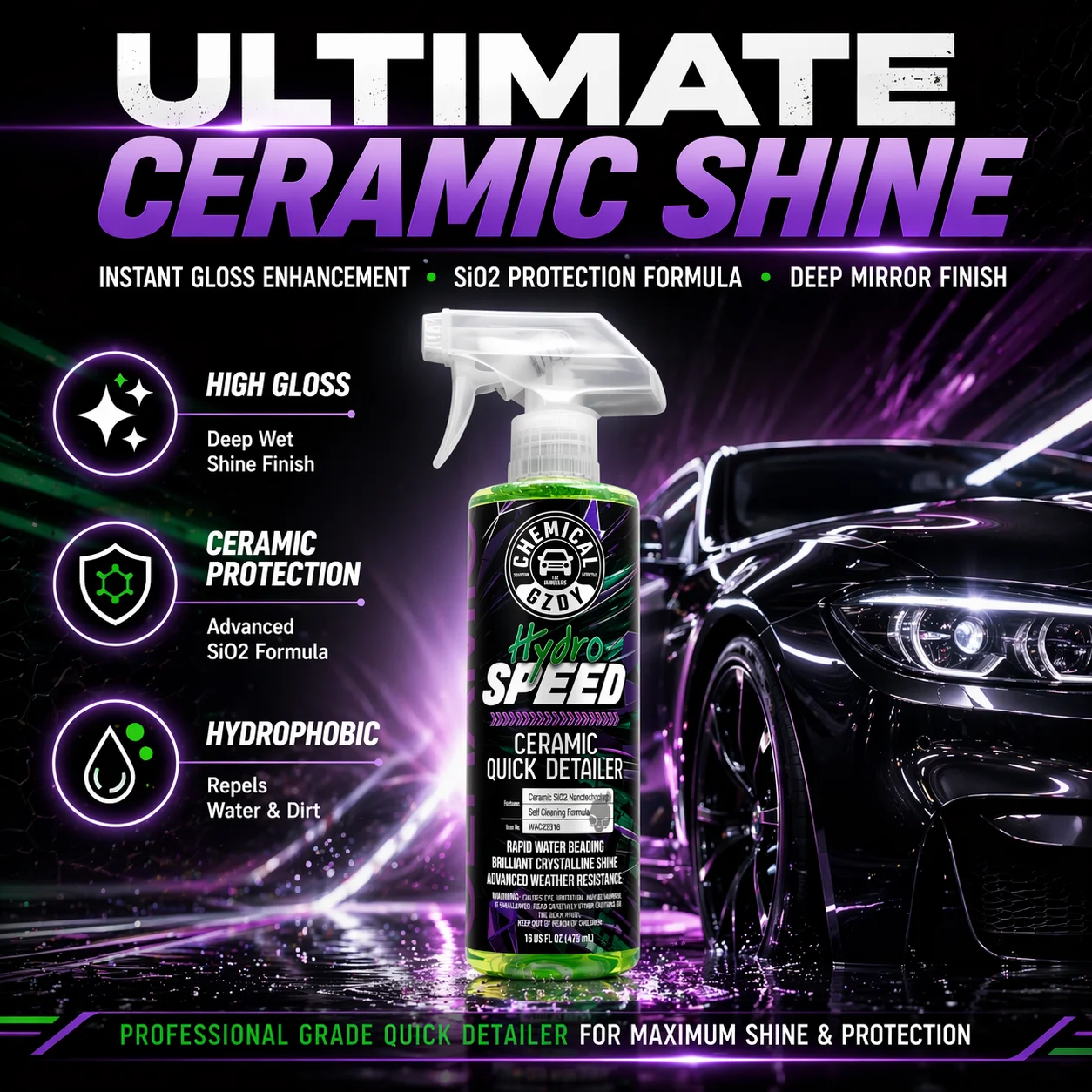 Hydro Speed SiO2 Ceramic Quick Detailer 16oz – High Gloss, Water Beading & Hydrophobic Paint Protection