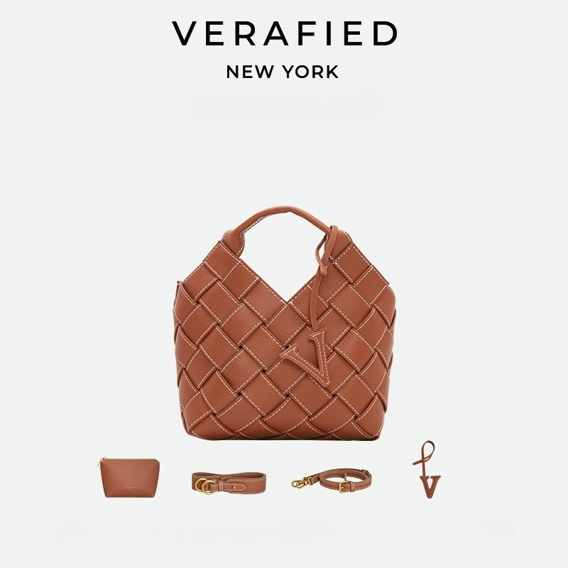 VERAFIED Fashion Woven Bag Genuine Leather Shoulder Bag Melard Cowhide Handbag