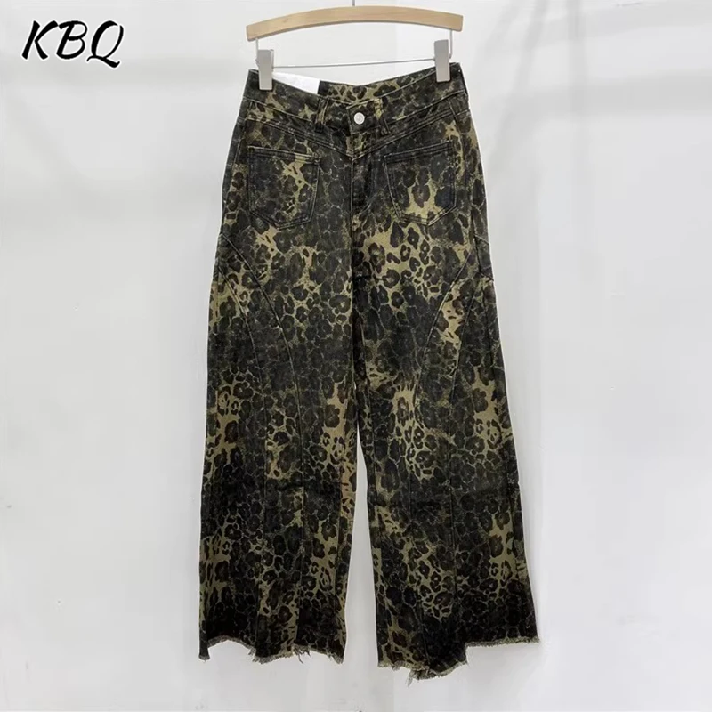 KBQ Leopard Printting Loose Denim Trouser For Women High Waist Patchwork Zipper Streetwear Wide Leg Pants Female Fashion Autumn