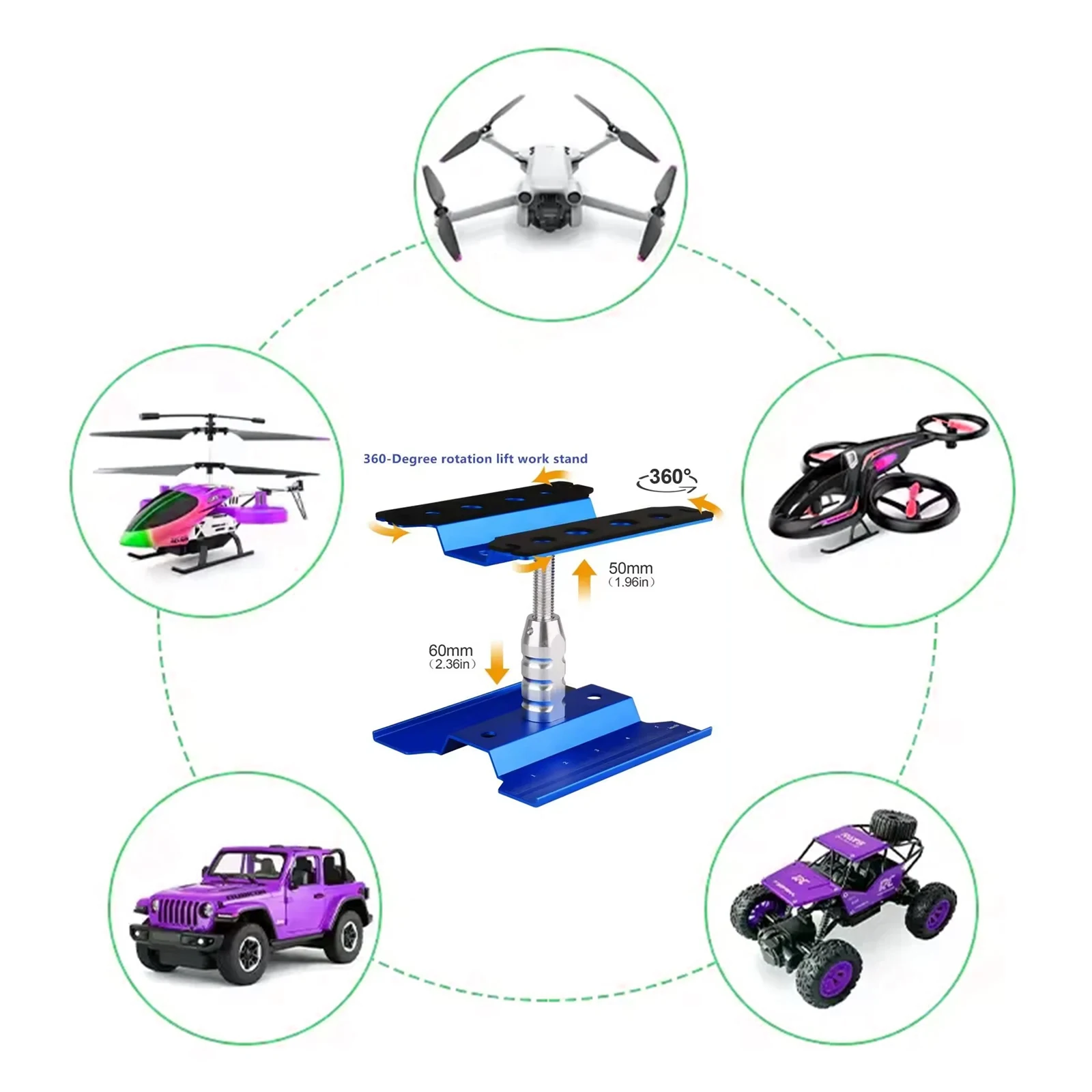 

RC Car Work Stand - 360° Rotating & Adjustable Height Aluminum Alloy Repair Station for 1/10 & 1/8 Scale Buggy/Crawler Vehicles