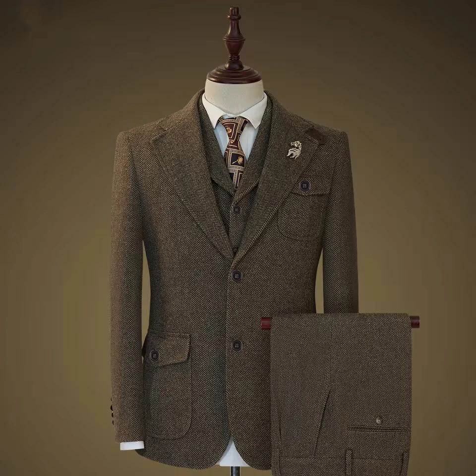 

70% Wool Blend Men's 3-piece Suit Jacket + Vest + Trousers Retro Single-breasted Design High Quality Wedding Dress/Formal Wear