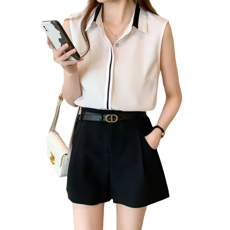 Chiffon Sleeveless Women Shirt New Korea Fashion Comfortable Breathable Casual Lapel Blouses Patchwork Loose Single-breasted Top