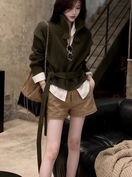 

Spring 2026 Korean Style Knitted Sweater Set with Belt Design Stand Collar Women's Fashionable Casual Wear Two-Piece Ensemble