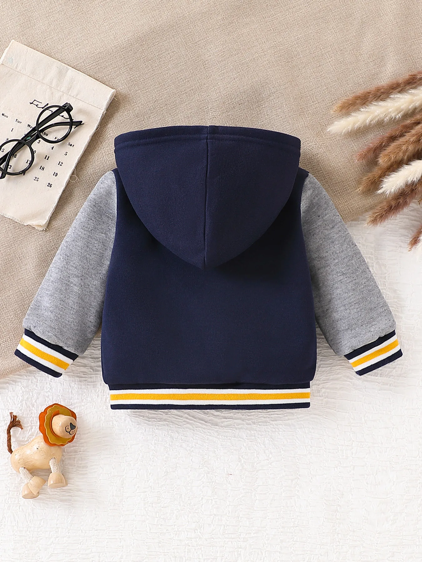 Cute Cartoon 3D Lion Embroidered Color-Blocked Hooded Zip-Up Fleece Jacket Winter Warm Baseball-Style Sweatshirt Jacket