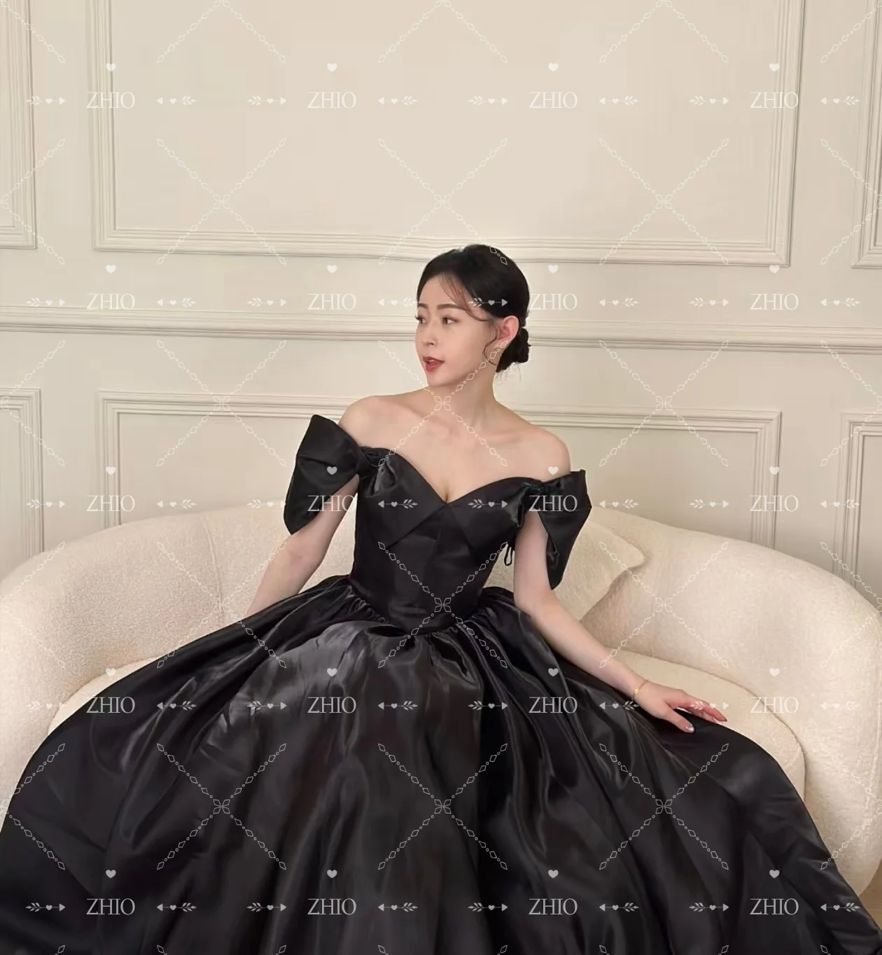 ZHIO Classic Shiny Black Wedding Party Dress Off Shoulder A-Line Korea Photo Shoot Bridal Reception Gown Customized 웨딩드레스