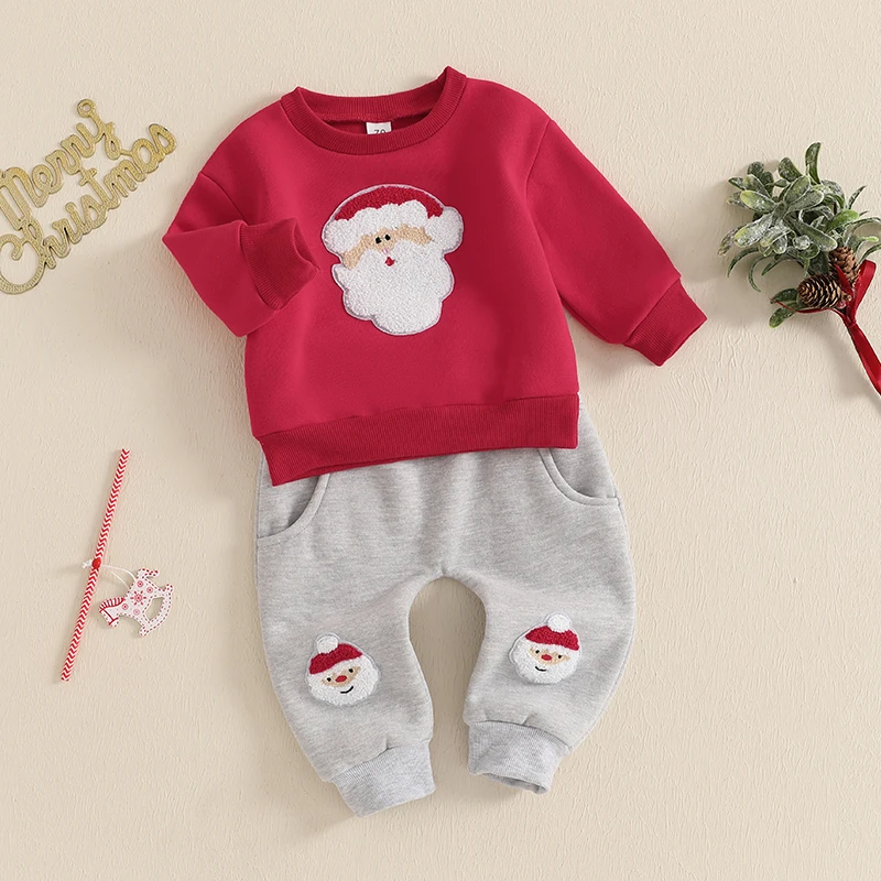 Toddler 2-Piece Christmas Ensemble with Festive Santa Embroidery Cozy Sweatshirt and Pocketed Pants for Winter Wear