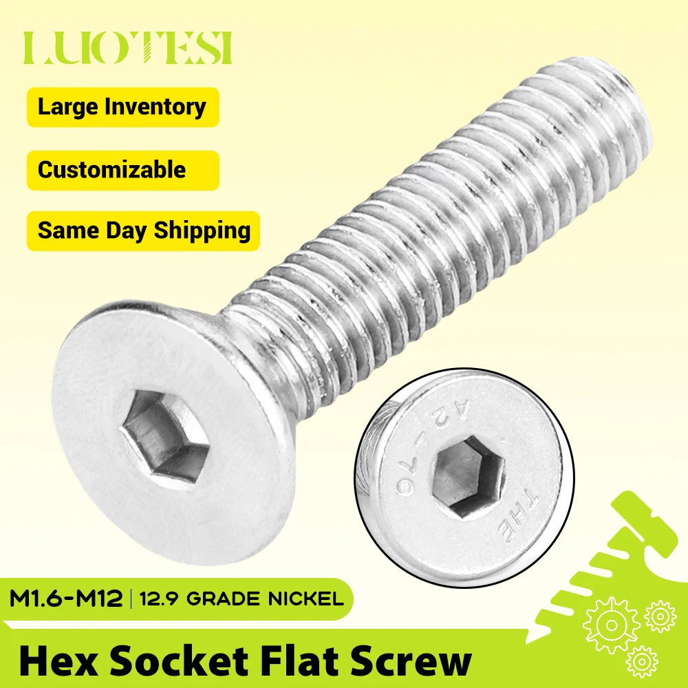 12.9 Grade Nickel Plated Steel Hexagon Socket Flat Head Screw Bolt M2 M2.5 M3 M4 M5 M6 M8 M10 CSK Head Allen Bolts DIN7991