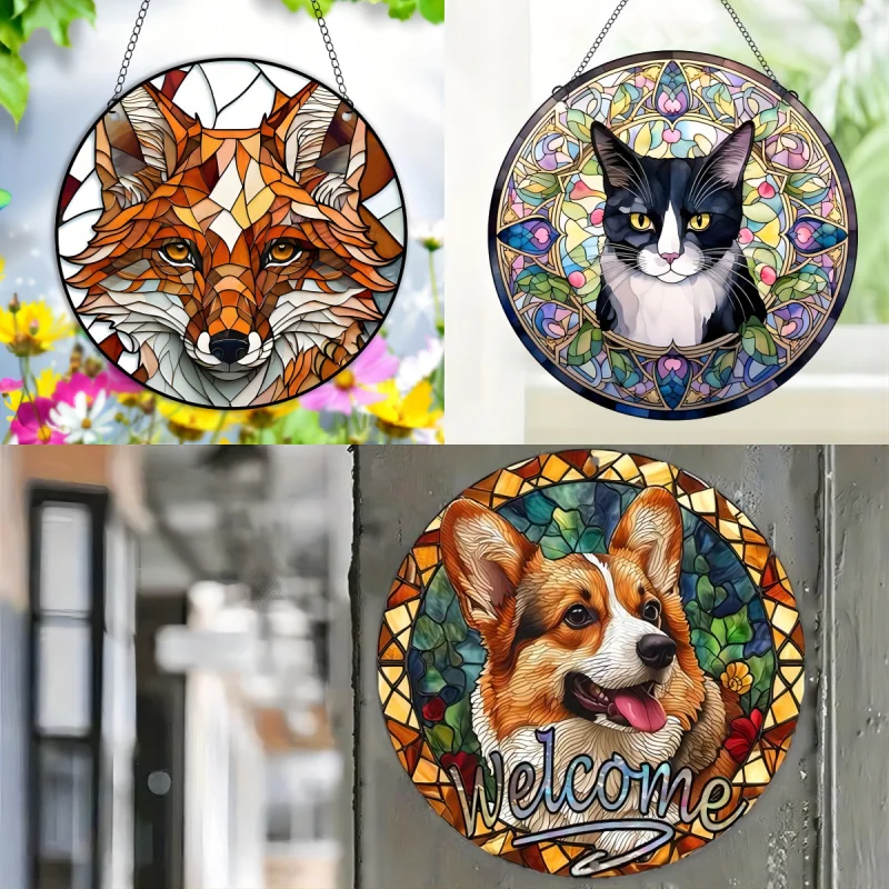 Fox Cat Dog Printed Stained Suncatcher for Window Home Living Room Decor Acrylic Animals Wall Hanging Pendant Garden Ornaments