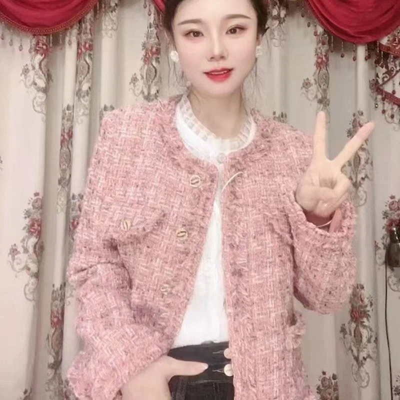 Pink Small Fragrance Jacket Women Down Lining Warm Short Jacket Autumn Winter Tweed Woolen Coat Female Casual Tops Outerwear