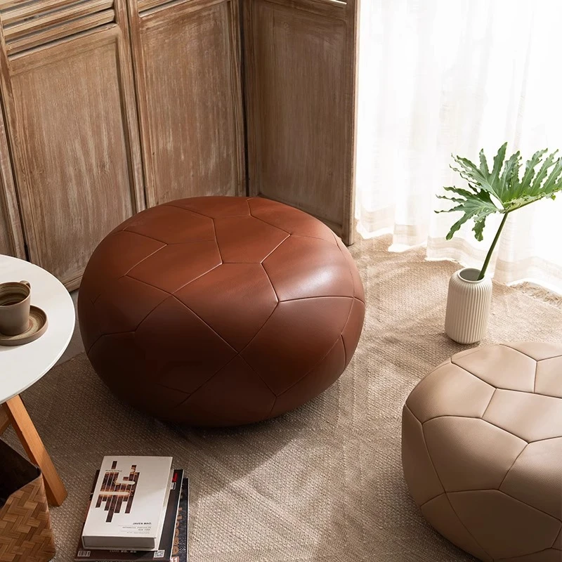 

leather pier, household living room coffee table, solid wood single low stool, seat cushion creative home ball leather
