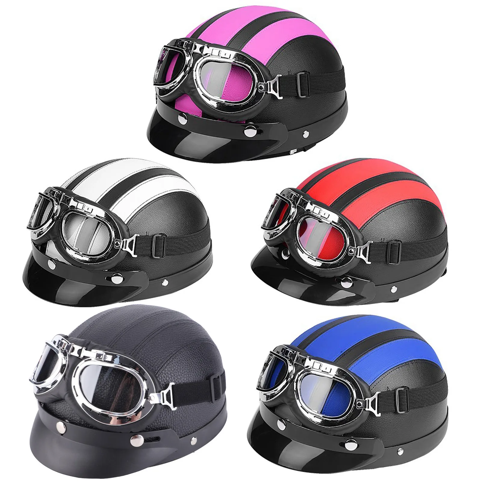 Leather Helmet with Visor UV Goggles  Motorcycle Scooter Synthetic Leather Open Face Half Helmet & Visor UV Goggles