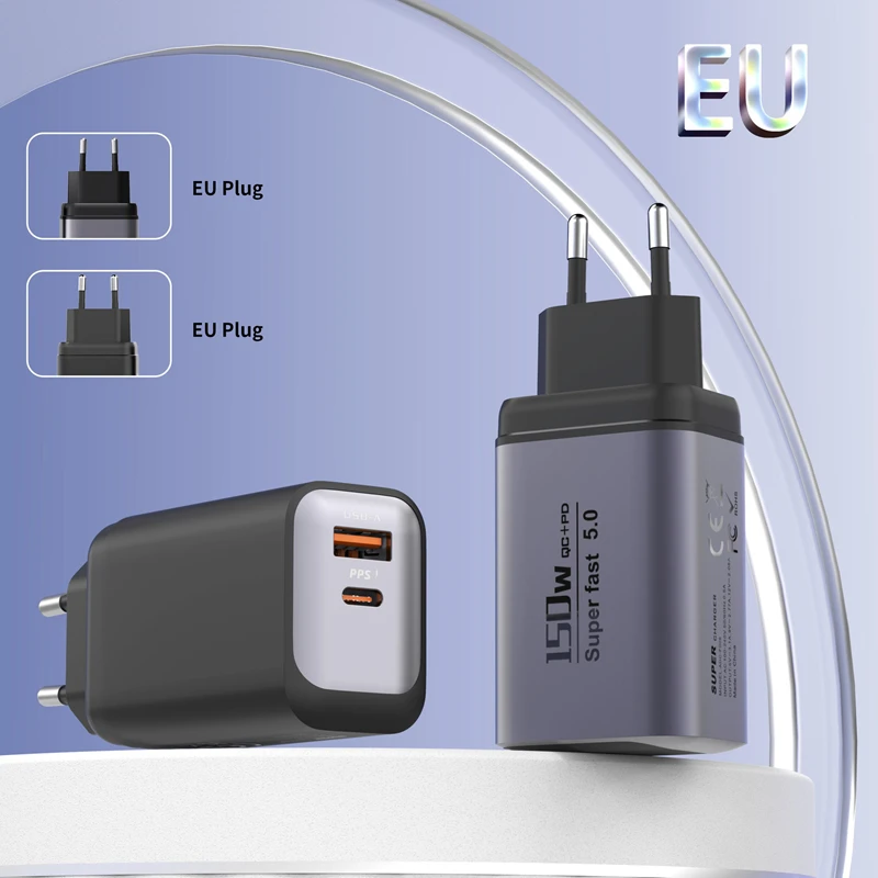 2IN1 150 واط شاحن الهاتف المحمول ثنائي المنفذ PD + QC3.0 شاحن فائق السرعة الاتحاد الأوروبي/الولايات المتحدة/المملكة المتحدة القياسية محول شاحن لشاومي آيفون 2026