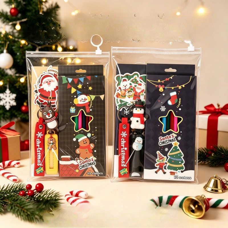 5Pcs/bag Christmas Stationery Set Creative A5 Notebook 12 Colored Pencils Keychain Stickers Eraser Xmas Gifts Kids Students