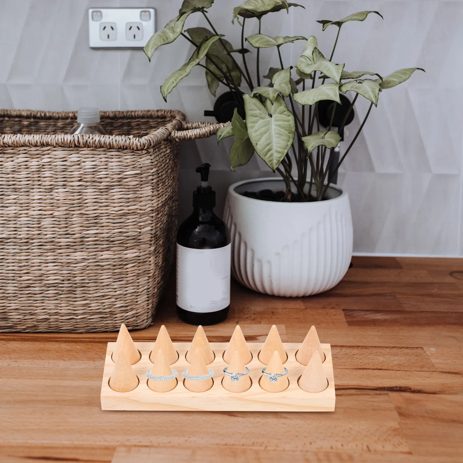 

1Set Wooden Ring Display Stand Cone Shape Double Layer Jewelry Holder Organizer Ring Storage for Home Shop Cone Jewelry Holder