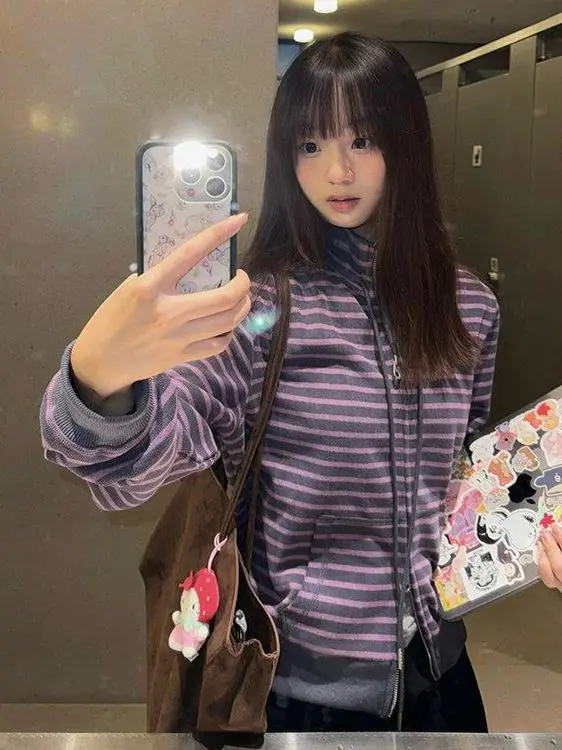 

Purple Striped Zipper Hoodie Jacket Women's Short Style American Design Sensation Autumn Winter New Fashion Stand Collar Swea...