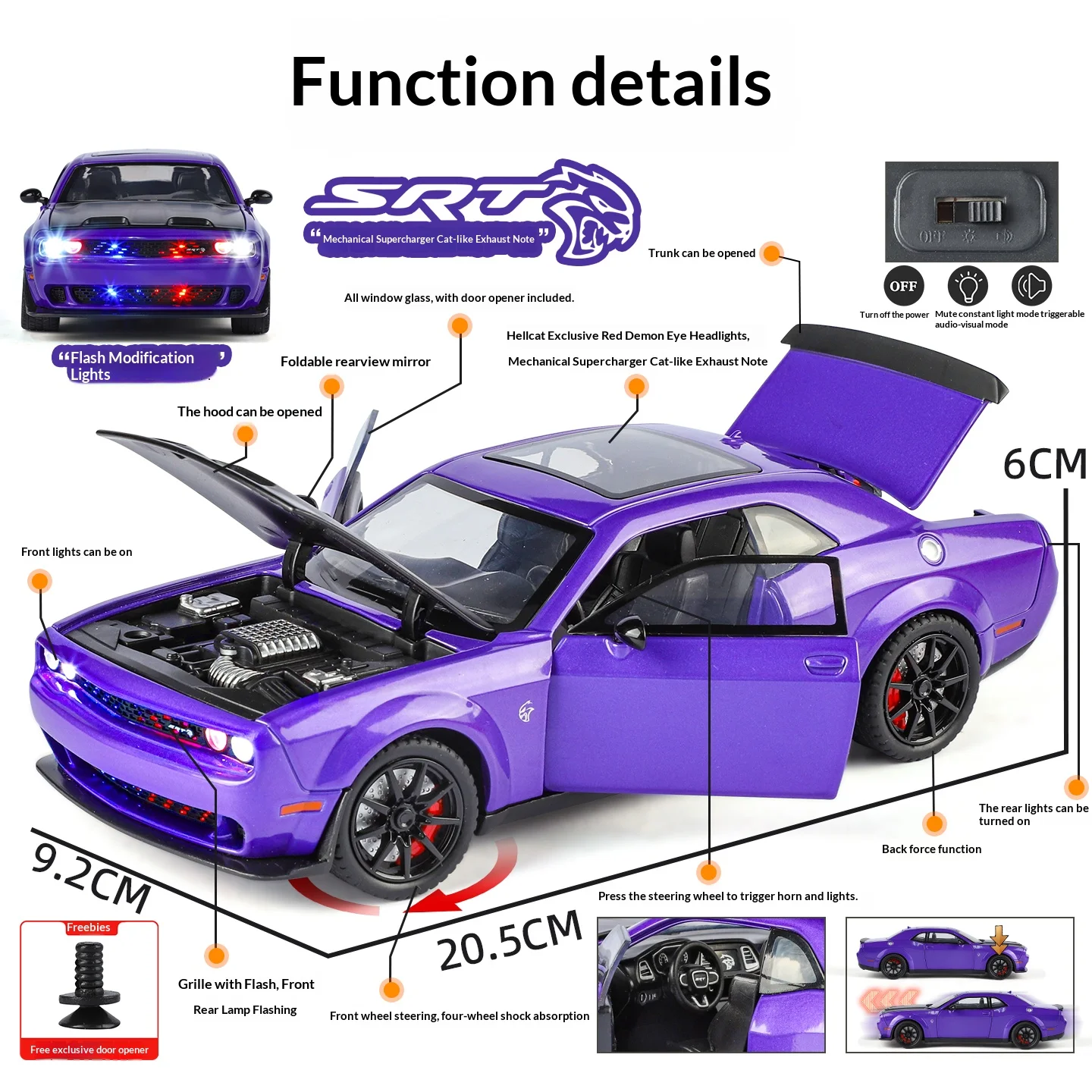 Coche de juguete Hellcat fundido a presión de metal a escala 1/24 con sonido de motor realista, adecuado para regalos de niños, coche de juguete para niños