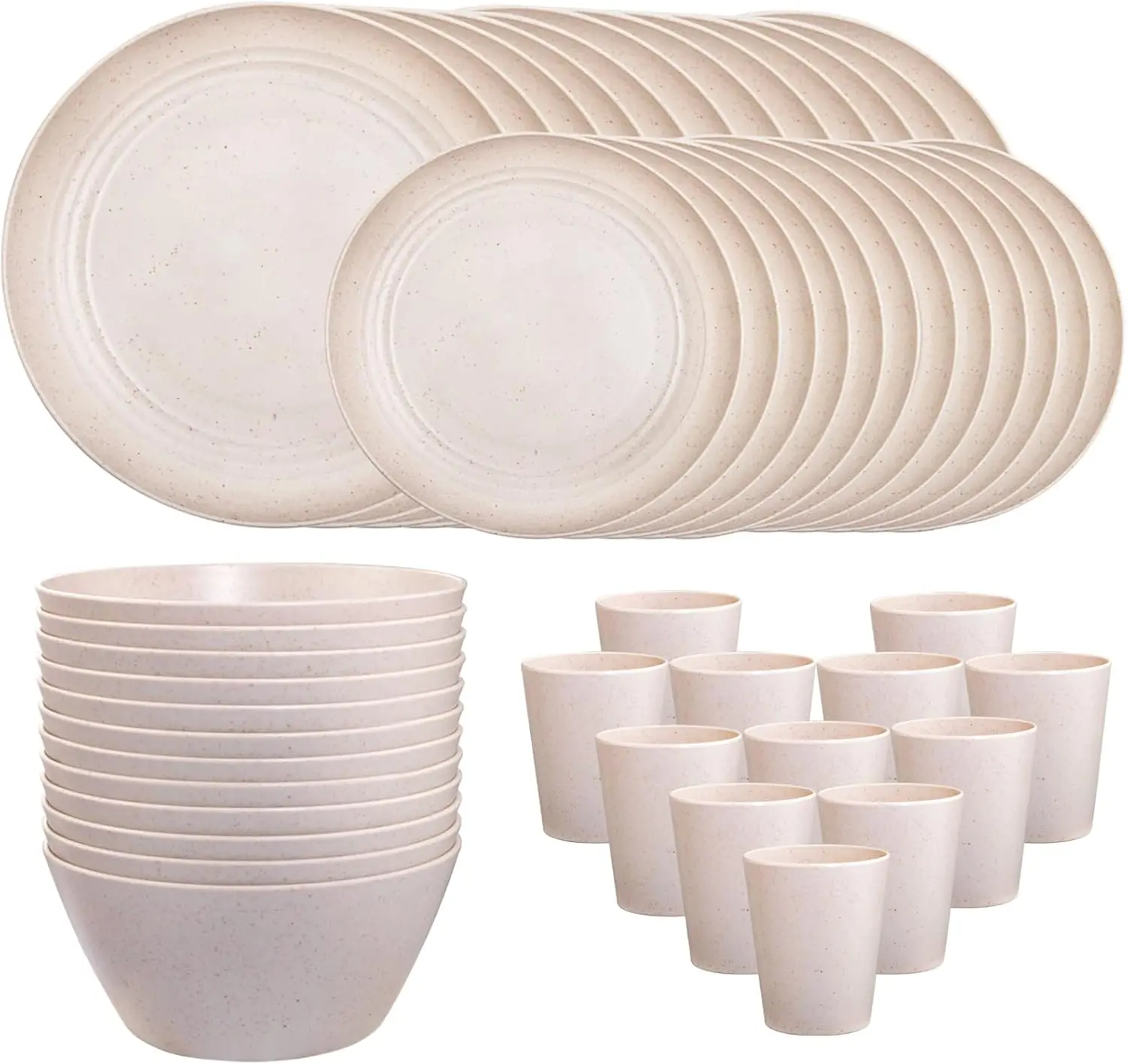 

48 Pcs Beige Plastic Wheat Straw Dinnerware Set - Reusable Plates and Bowls Sets, Unbreakable Plates Dishes Bowl Cup