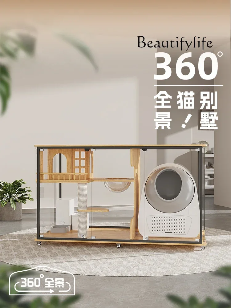 Panoramic cat villa horizontal fully transparent glass cat cabinet solid wood human  shared cabinet cat cage