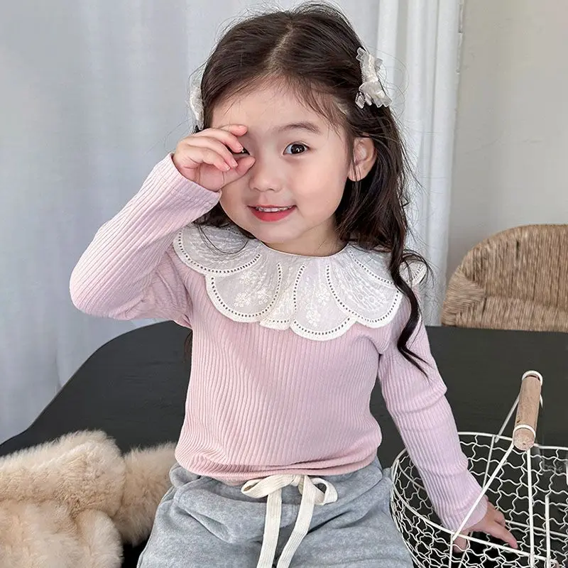 Cute Petal Collar Long Sleeve Girls Shirt Spring Autumn Lace Casual Tees Baby Girls Bottoming Shirts Tops Girls Clothing