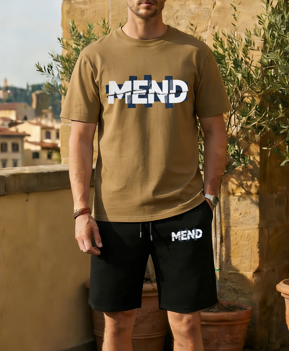 

The Broken Letter Mend Design Sportsuit Men Loose O-Neck Tee Summer Fashion Drawstring Shorts Unisex Cotton All-Match Clothes