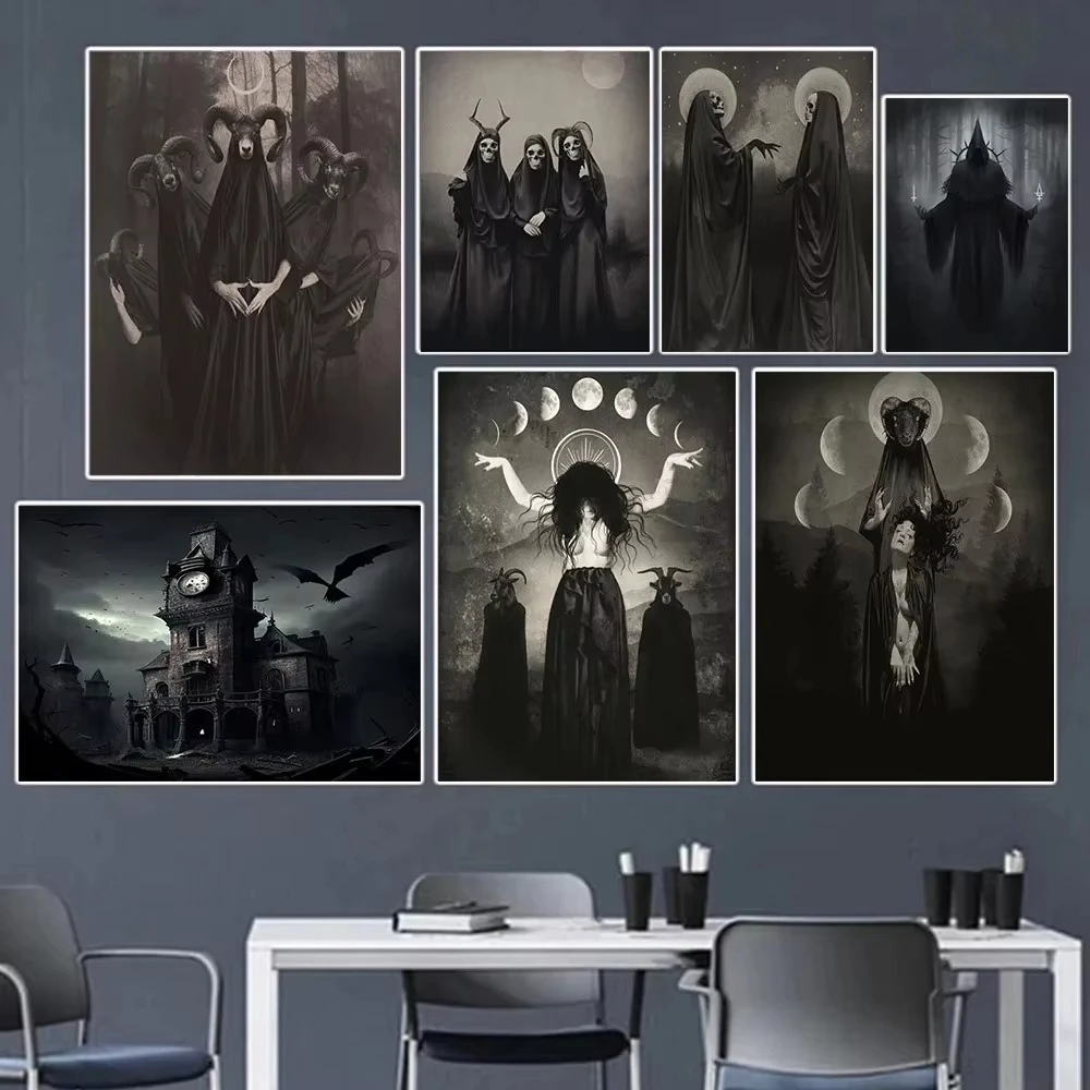 AA Dark Academia Art Black Death Poster Prints For Living Room Home Decor Nordic Gothic Horror Witch Canvas  Wall Art - view 2