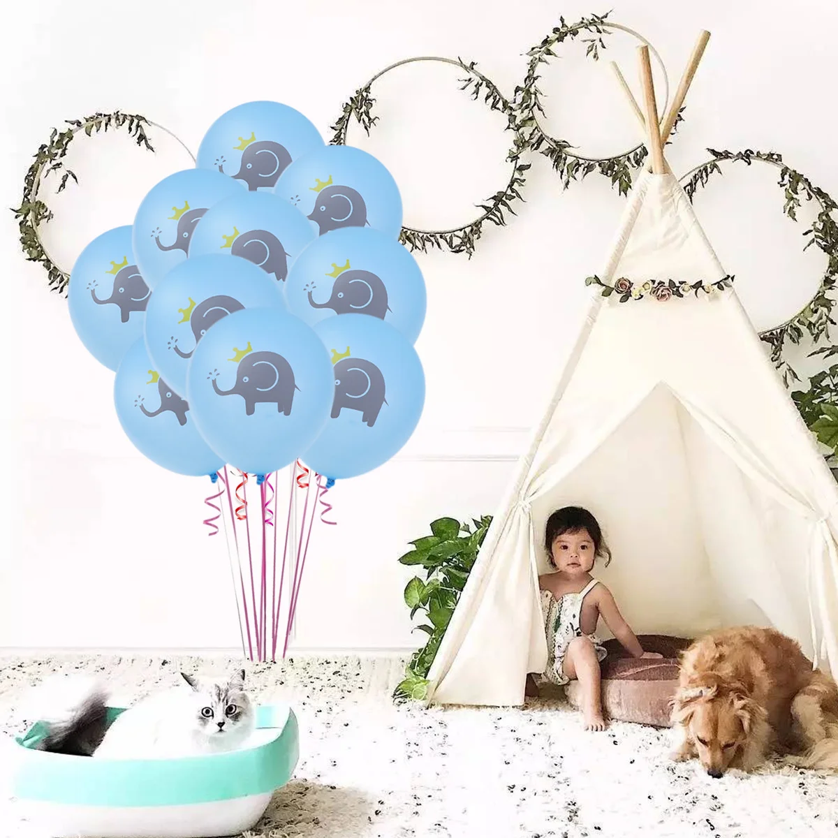 

10PCS 12 Inches Cartoon Elephant Balloons Set Birthday Party Supplies Latex Balloons Party Decoration (Light Blue)