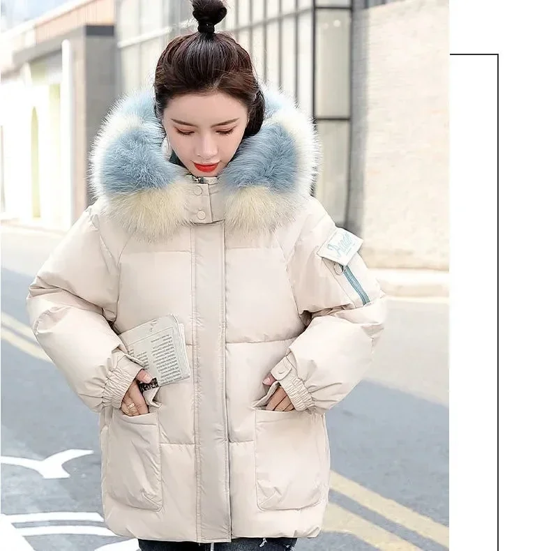 Women Winter Down Jacket 2022 New Women Winter Thick Warm Parkas Korean Loose Cotton Coat Fur Collar Hooded Cotton Padded Coat