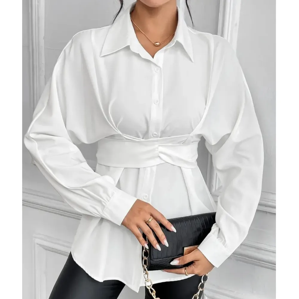 White Single Breasted Long Sleeved Irregular Shirt For Women 2024 Autumn Office Lady Lapel Tie Bow Blouses Femme Blusas Camisas