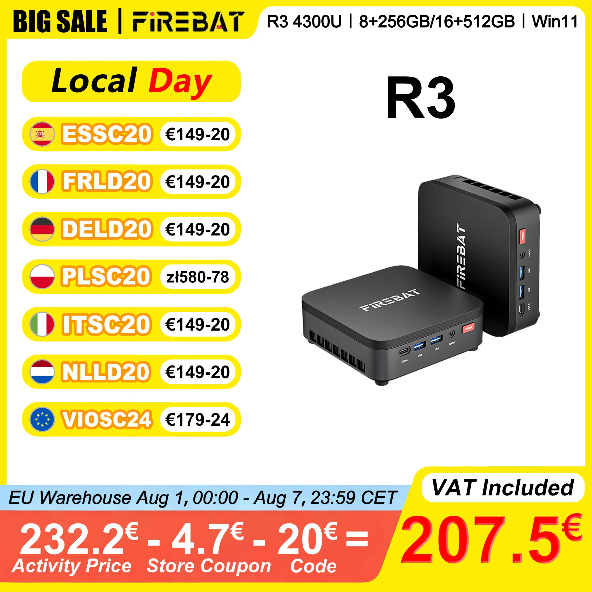 FIREBAT R3 MINI PC AMD Ryzen 3 4300U 8GB/16GB LPDDR4 RAM 256GB/512GB SSD Windows 11 WIFI6 Bluetooth5.2 HDMI