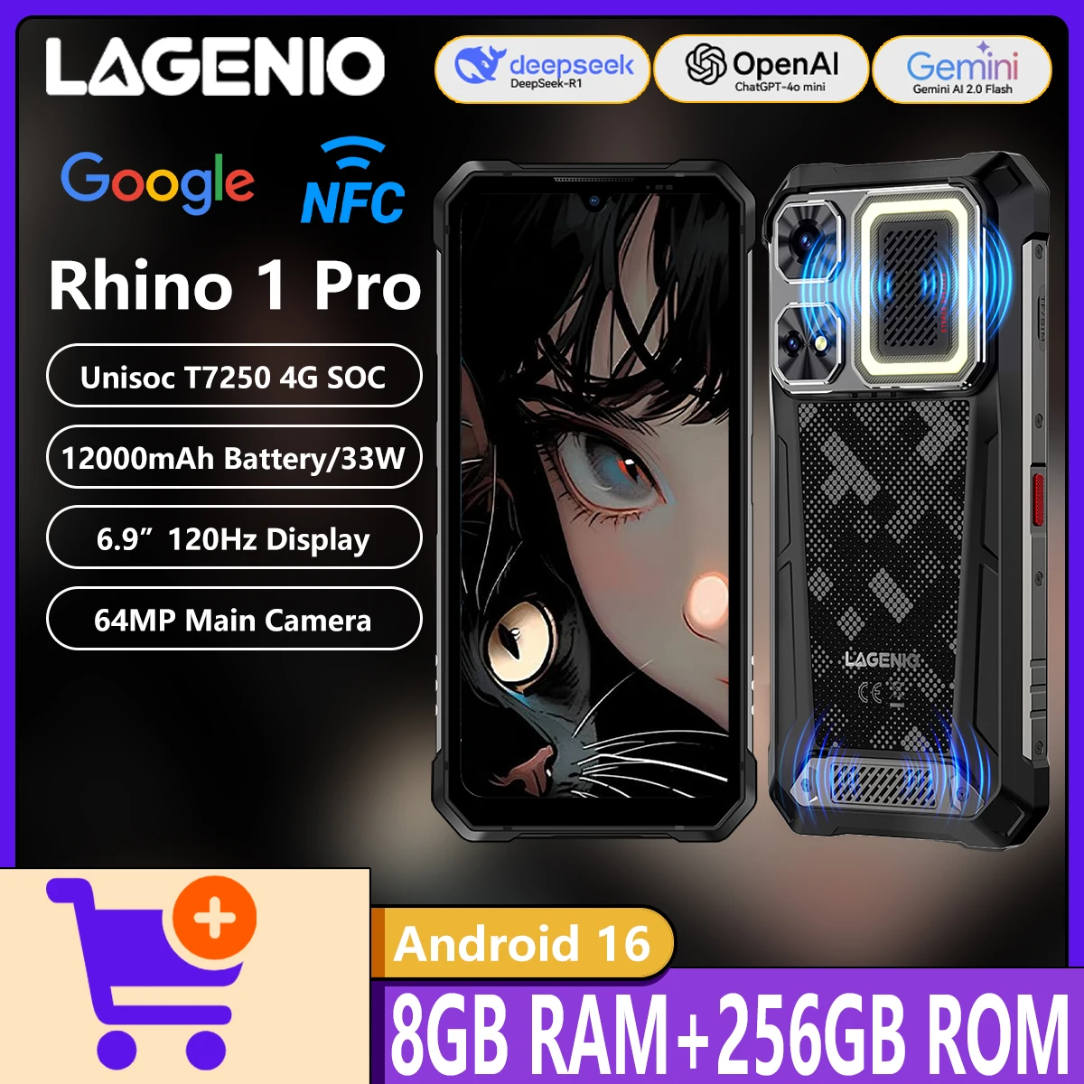 LAGENIO Rhino 1 Pro 4G Rugged Phone 6.9" 120Hz Screen Camping Light Unisoc T7250 4G 12000mAh Battery 33W 48MP Camera Android 16