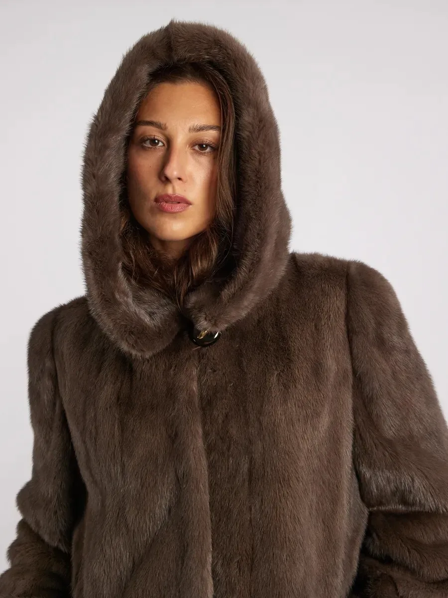 IG Women Brown Hooded Single Button Mid-Length Faux Fur Coat, Side Pockets, Winter Warm Vintage Elegant Commute Outerwear