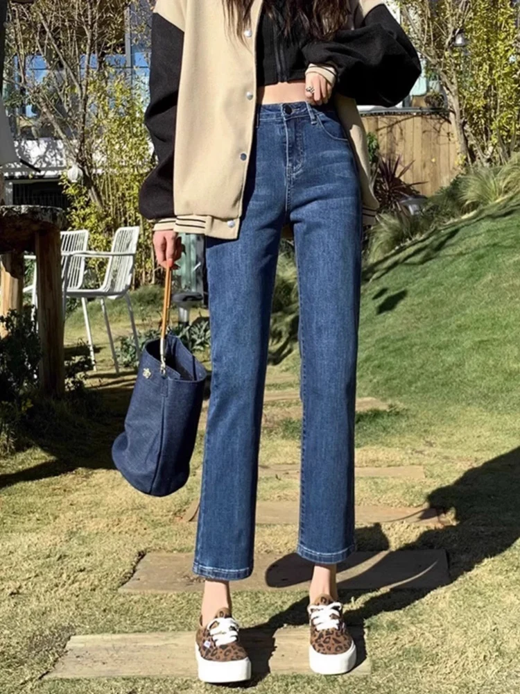 Plones vaqueros rectos ajustados de cintura alta para mujer primavera 2024 nuevo estilo tamaño pequeño pan francés pl...