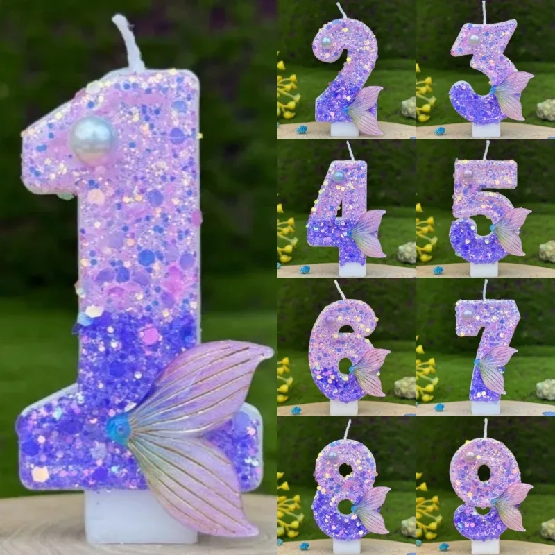 Glitter Purple Gradient Mermaid Tail Number Candles 0-9, Pearl Decor Birthday Cake Candle for Girls Birthday Party Decor