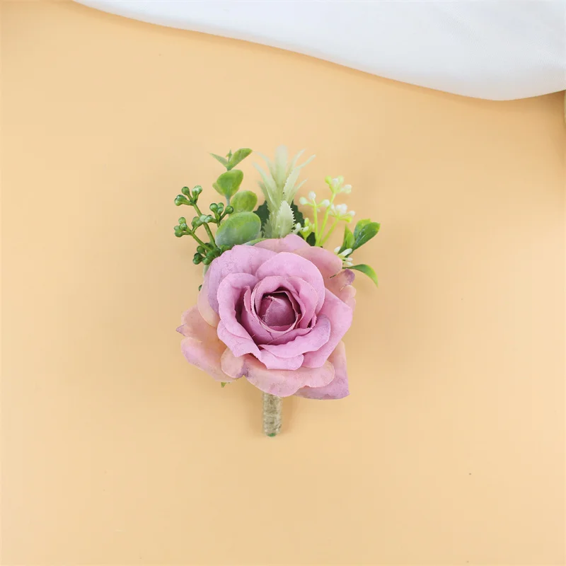 YO CHO Hochzeits-Corsagen, Blumen-Boutonniere für den Bräutigam, lila Seidenrosen-Broschen für Herren, Hochzeits-Brautjungfern-Armband, Handgelenk-Corsage-Blume – Detail 22