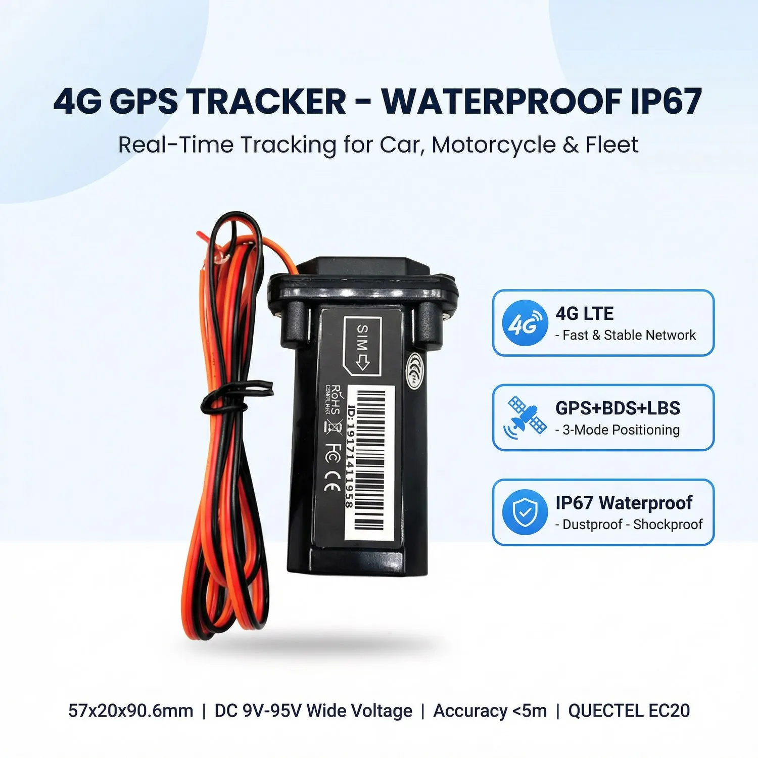 Dashboard Mount IP67 Waterproof 4G Triple Mode GPS Locator Hardwired Real Time Vehicle Tracking Equipment