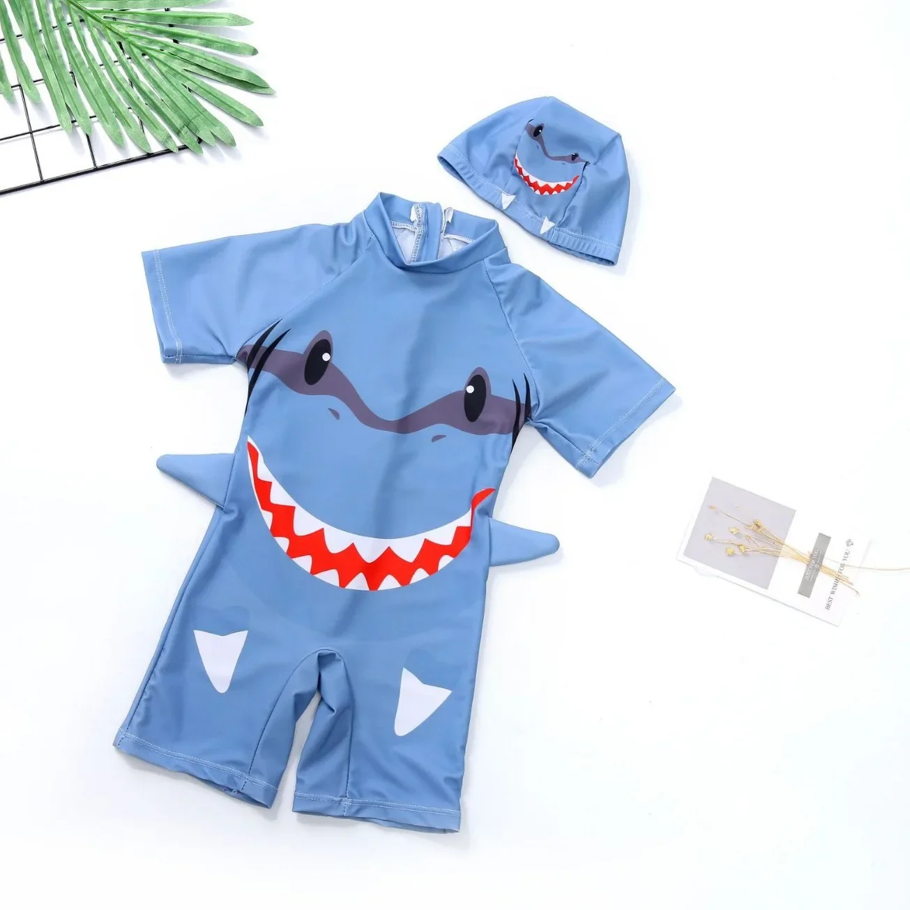 New 2025 Summer Kids One-piece Swimsuit Boys Cartoon Shark Short Sleeve Quick-Dry Surfing Suit Swimwear Baby Bathing Costume