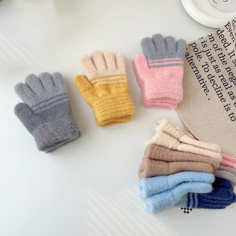 Cute Stripe Winter Kids Girl Boy Knit Gloves Soft Warm Hand Plush Glove Mittens Children Warmer Handwear 2-6 Years Old