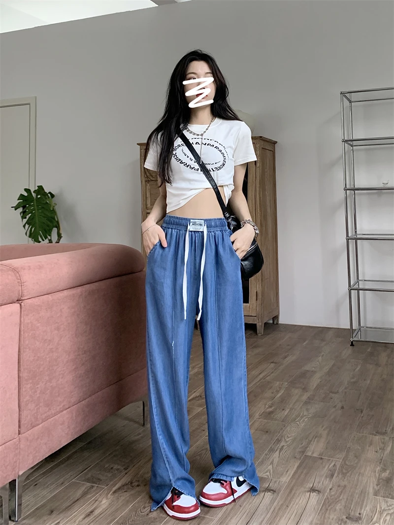 2024 Summer New Denim Blue Sky Silk Thin Elastic Waist Hanging All Straight Tube Slit Walking Pants Woman